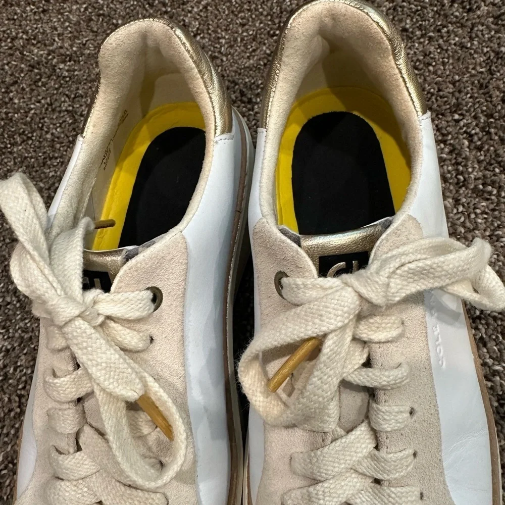 Cole Haan GrandPrø Topspin Sneakers White Leather & Suede Gold Accents Size 6.5